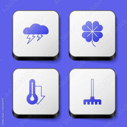 Set Cloud and lightning, Four leaf clover, Thermometer and Garden rake icon. White square button. Vector