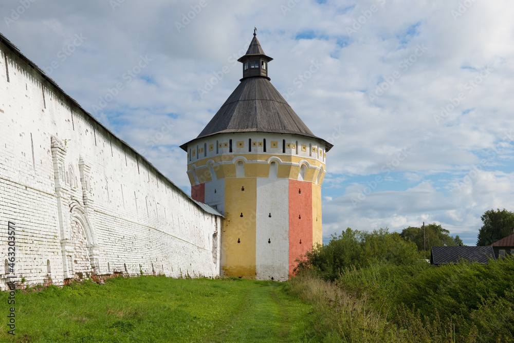 One of the ancient defensive towers of the Spaso-Prilutsky Dimitriev Monastery on a August day. Vologda, Russia