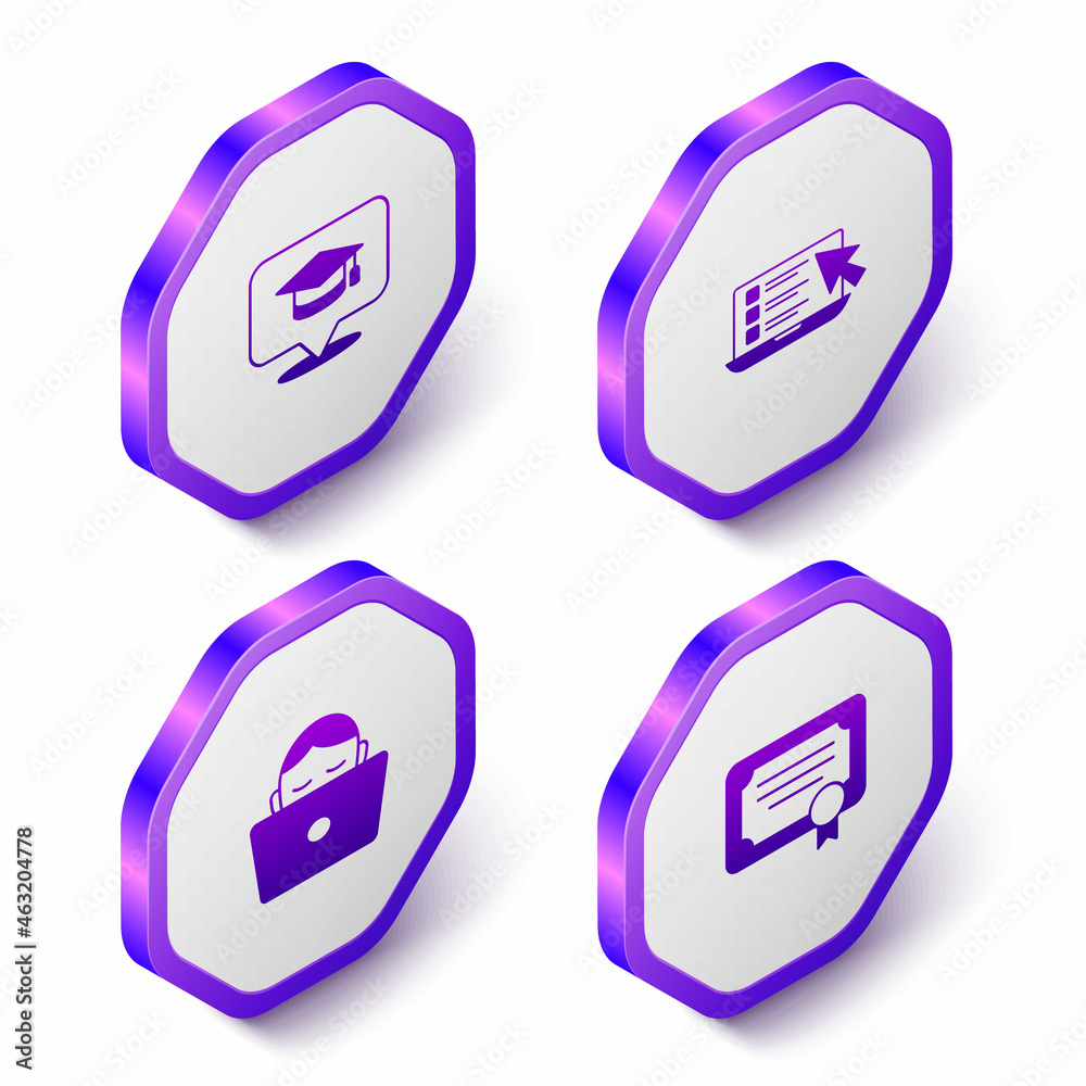 Set Isometric Graduation cap in speech bubble, Online quiz, test, survey, Student working laptop and Certificate template icon. Purple hexagon button. Vector Set Isometric Graduation cap in speech bubble, Online quiz, test, survey, Student working laptop and Certificate template icon. Purple hexagon button. Vector