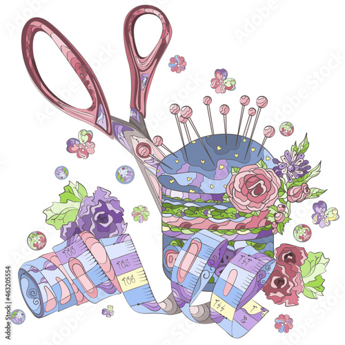 A set of accessories for decorative sewing. Beautiful tailor's scissors. Handmade pin cushion, decorated with flowers. Measuring tape and buttons