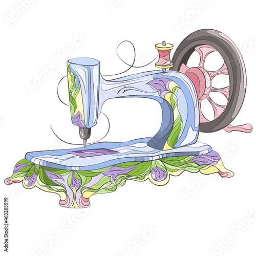 ector illustration of a hand drawn vintage sewing machine. Isolated over white background. Side view