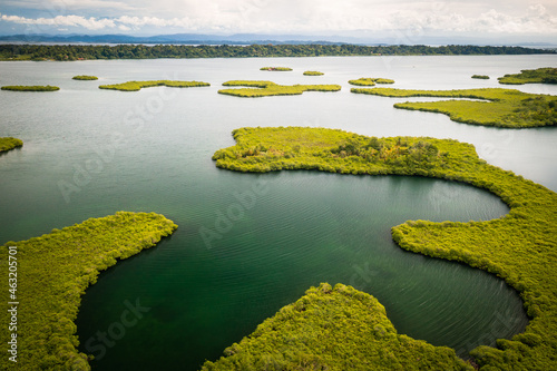 Panama.Tropical Island Aerial View. Wild coastline lush exotic green jungle. Red Frog Beach in Bastimentos Island, Bocas del Toro, Central America, Panama.