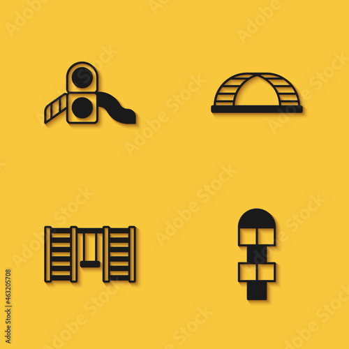 Set Slide playground, Hopscotch, Swedish wall and Monkey bar icon with long shadow. Vector