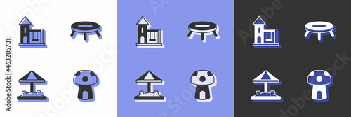 Set Mushroom house, Swing for kids, Sandbox with sand and Jumping trampoline icon. Vector