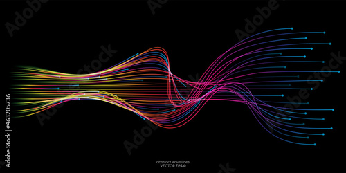 Vector wave lines flowing dynamic colorful isolated on black background for concept of AI technology, digital, communication, science, music