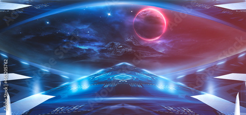 Fototapeta Naklejka Na Ścianę i Meble -  Space background, abstract futuristic fantasy space. Blue neon light, galaxy. Abstract fantastic space of the Universe. Space background with nebula and stars. Neon portal of the cosmic galaxy. 3d.