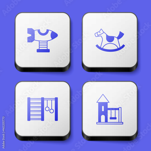 Set Swing plane, Horse saddle swing, Swedish wall and for kids icon. White square button. Vector