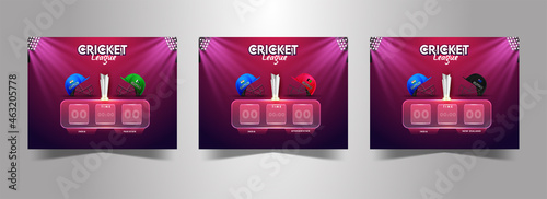 Cricket Digital Scoreboard Of Participating Different Countries Team With 3D Silver Trophy Cup And Stadium Lights On Pink And Purple Background In Three Options.