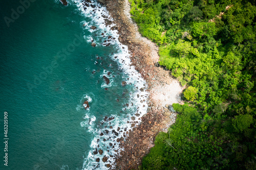 Panama.Tropical Island Aerial View. Wild coastline lush exotic green jungle. Red Frog Beach in Bastimentos Island, Bocas del Toro, Central America, Panama.