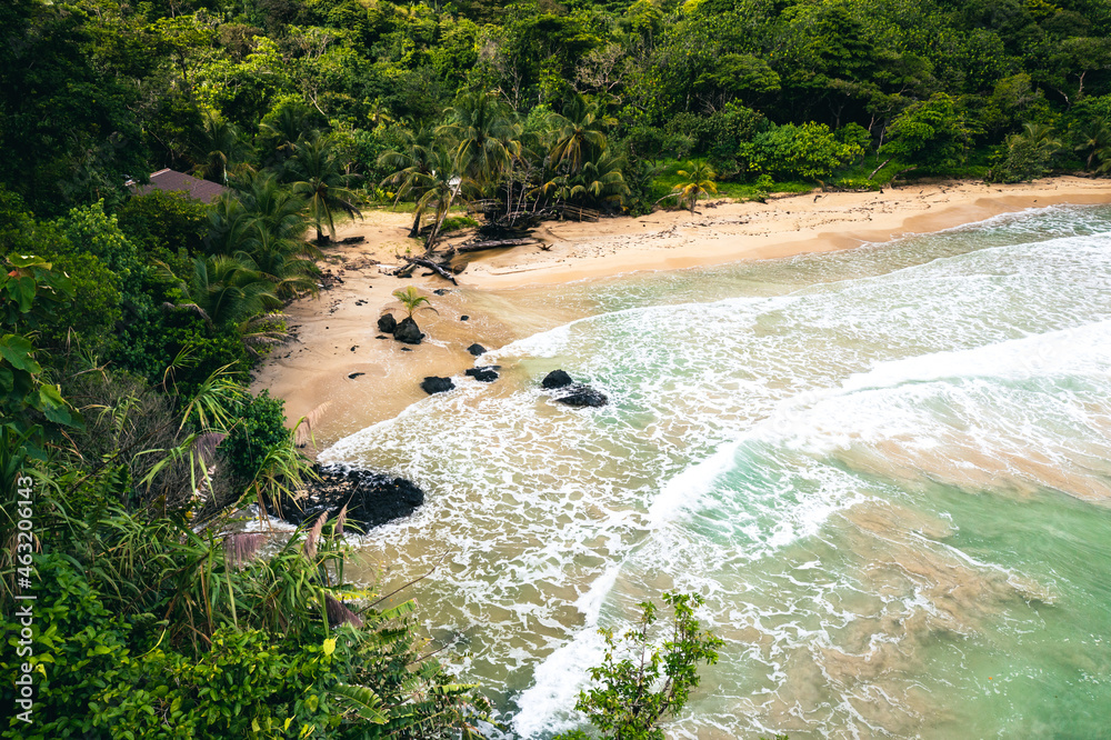 Obraz premium Panama.Tropical Island Aerial View. Wild coastline lush exotic green jungle. Red Frog Beach in Bastimentos Island, Bocas del Toro, Central America, Panama.