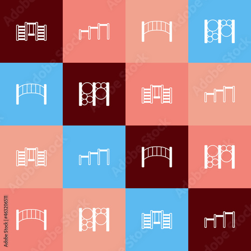 Set pop art Swedish wall, Sport horizontal bar, Playground kids bridge and climbing equipment icon. Vector