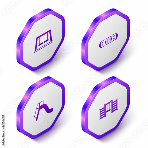 Set Isometric Swings for kids, Education logic game, Slide playground and Swedish wall icon. Purple hexagon button. Vector