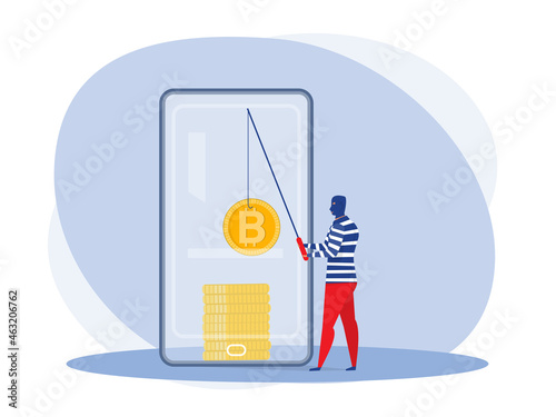 Cyber hacker fishing up bitcoin  from a mobile phone  attack concept vector illustrator.