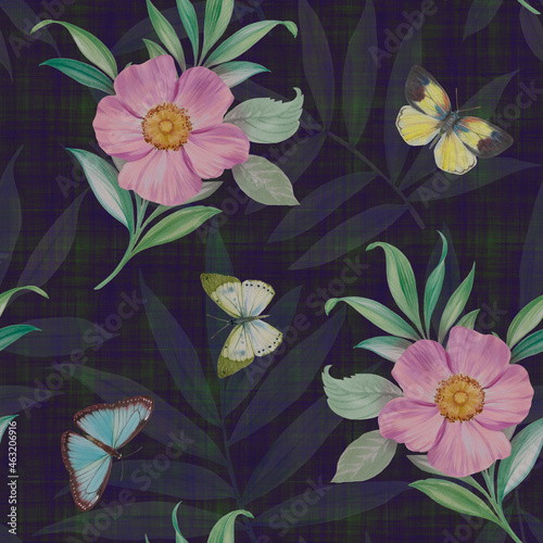 Abstract botanical pattern of flower leaves and butterflies. Seamless pattern for fabric, wallpaper, wrapping paper design, scrapbooking. Watercolor leaves on branches, butterflies and flowers.