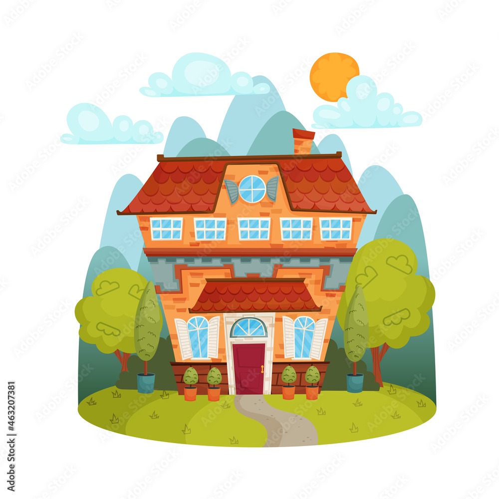 Cartoon cute little house with a red door surrounded by green trees and mountains. Cozy children's vector illustration for stickers, wallpapers, social networks design.