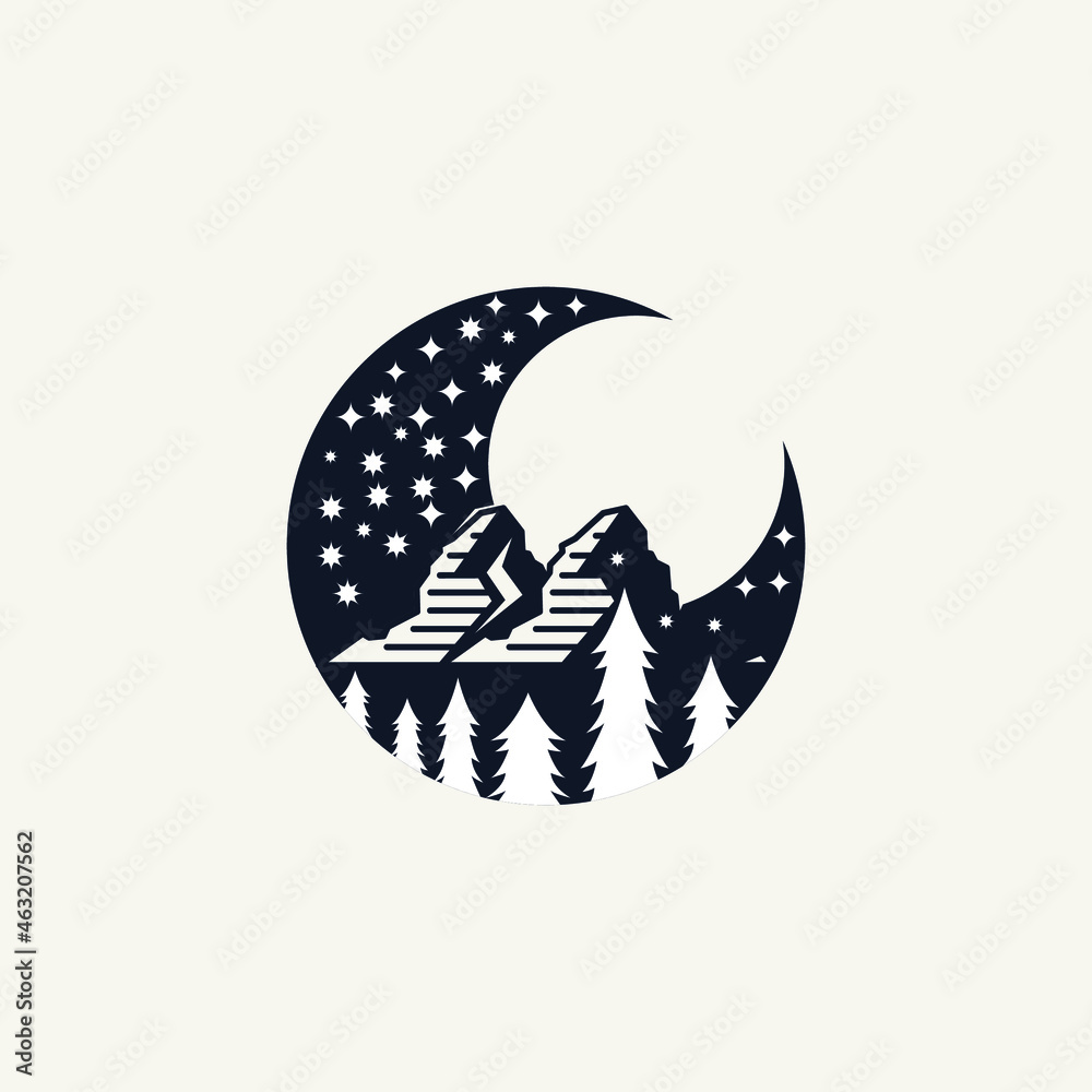 Obraz premium Crescent moon with stars, mountain, and pine trees for night adventure outdoor logo design
