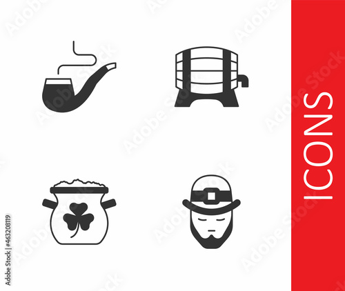 Set Leprechaun, Smoking pipe, Pot of gold coins and Wooden barrel on rack icon. Vector