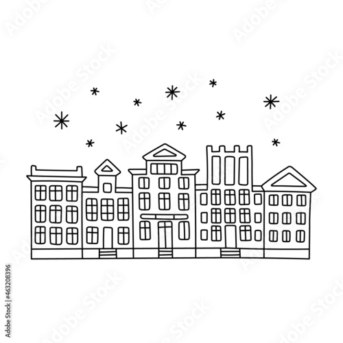 Vector line hand drawn illustration with winter old town city cute house panorama. Europian houses Christmas set. Isolated on white background