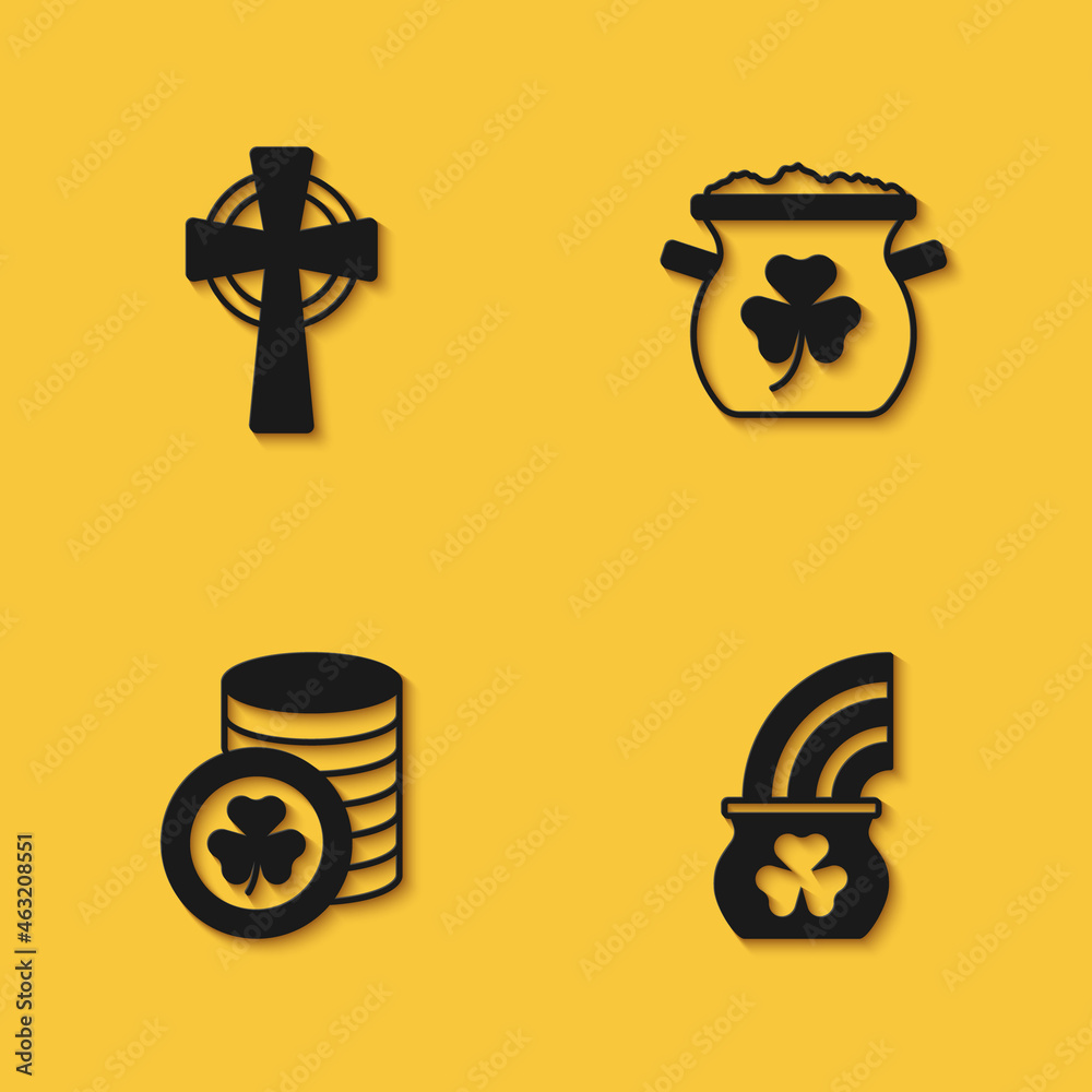 Set Celtic cross, Pot of gold with rainbow, Golden leprechaun coin and coins icon with long shadow. Vector Set Celtic cross, Pot of gold with rainbow, Golden leprechaun coin and coins icon with long shadow. Vector