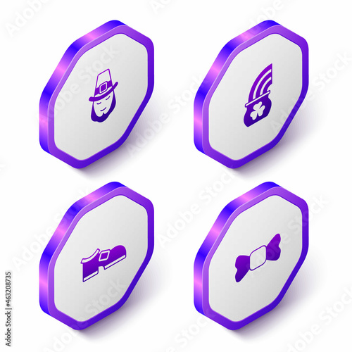 Set Isometric Leprechaun, Pot of gold with rainbow, boot and Bow tie icon. Purple hexagon button. Vector
