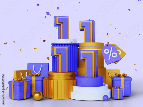 11.11 shopping day sale banner, 3d render concept, 11 November mega sale, global shopping world day sale isolated on purple background photo