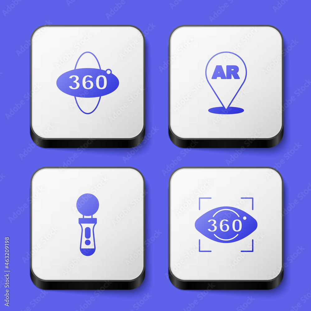 Set 360 degree view, Augmented reality AR, VR controller game and icon. White square button. Vector