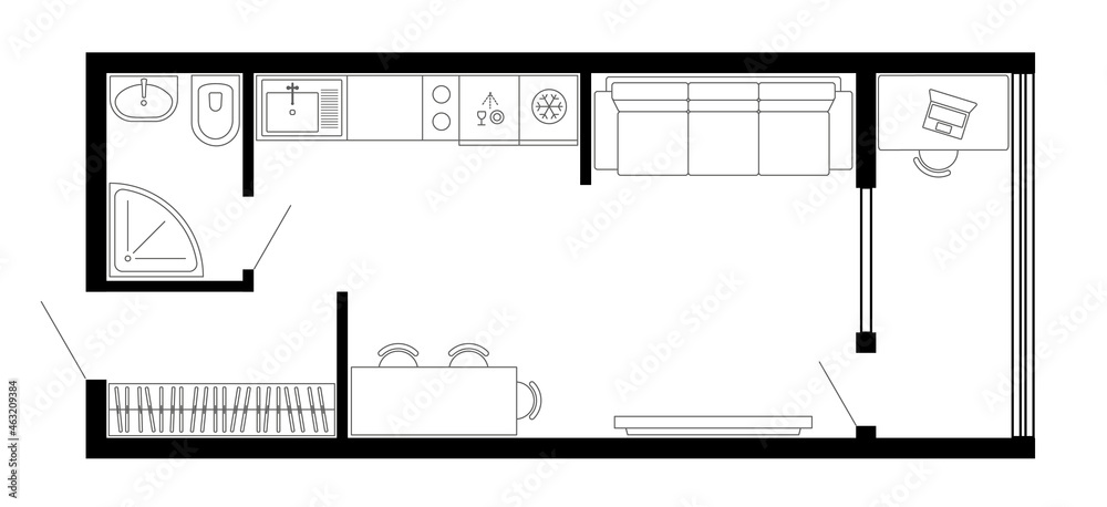 Apartment floor plan. Vector architecture micro studio plan of ...