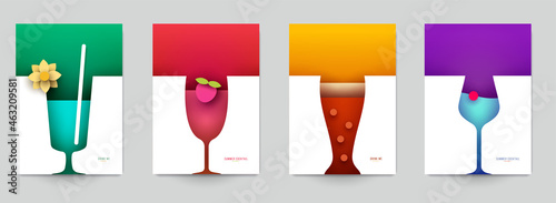 Set of abstract silhouette cocktails with alcohol or juice in minimalistic geometric flat style. Creative colorful composition. Concept for branding menu, cover, flyer, banner. Vector illustration.