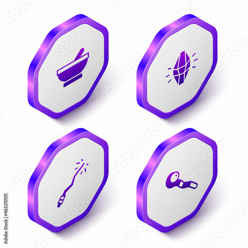 Set Isometric Witch cauldron, Magic stone, wand and staff icon. Purple hexagon button. Vector