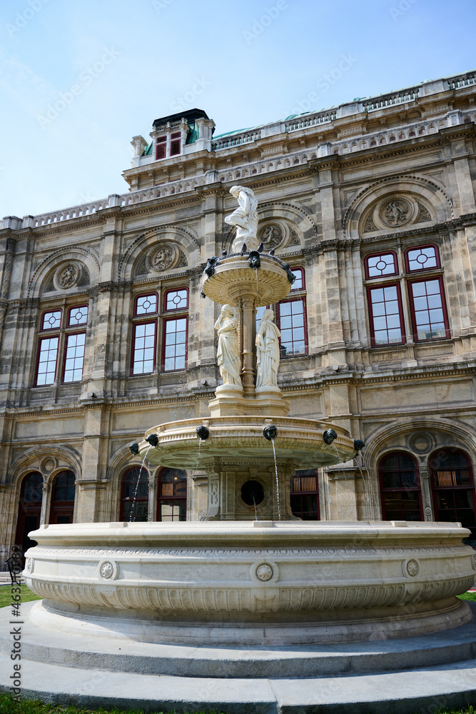 Vienna State Opera is considered one of the most important opera houses in the world. Austria. Beautiful fountain near the Opera.