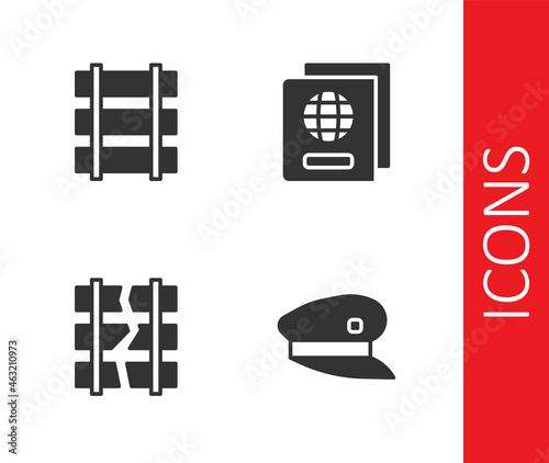 Set Train driver hat, Railway, railroad track, Broken or cracked railway and Passport icon. Vector
