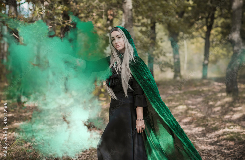 Naklejka premium Dark mystical forest, Halloween ideas for party, outfits for ladies, concept of wizards and magic