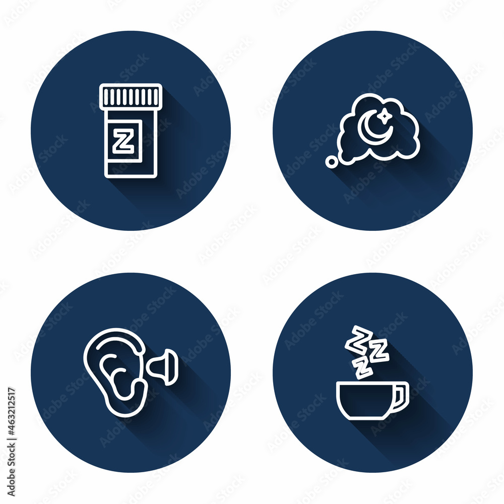 Set line Sleeping pill, Dreams, Earplugs and ear and Chamomile tea with long shadow. Blue circle button. Vector Set line Sleeping pill, Dreams, Earplugs and ear and Chamomile tea with long shadow. Blue circle button. Vector