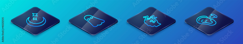 Set Isometric line Dreams, Moon and stars, Earplugs ear and Ghost icon. Vector Set Isometric line Dreams, Moon and stars, Earplugs ear and Ghost icon. Vector