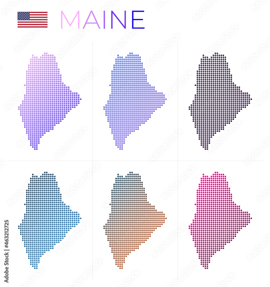 Fototapeta premium Maine dotted map set. Map of Maine in dotted style. Borders of the US state filled with beautiful smooth gradient circles. Modern vector illustration.