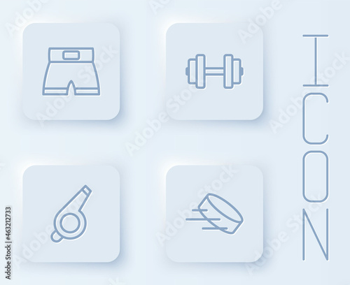 Set line Boxing short, Dumbbell, Whistle and Hockey puck. White square button. Vector