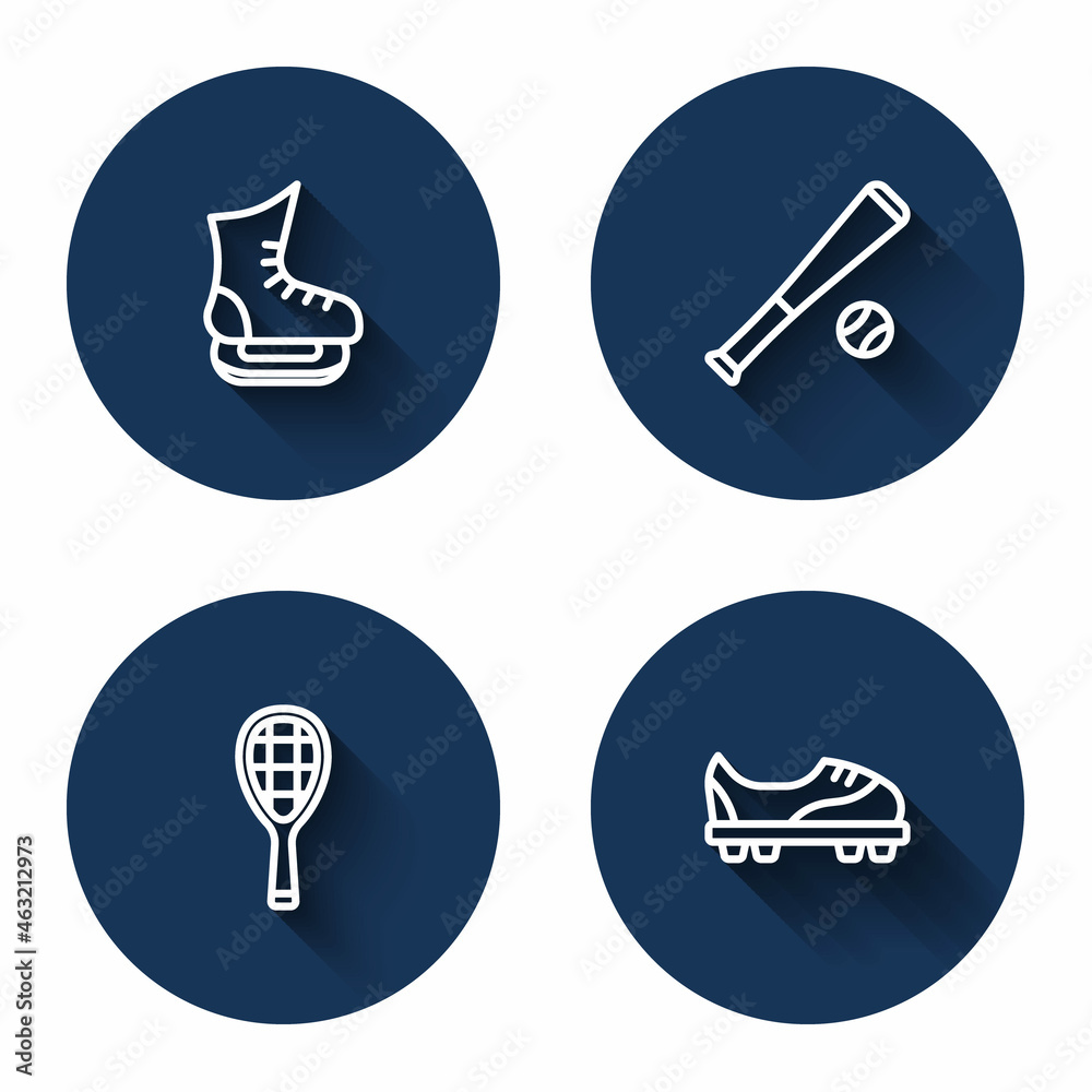 Set line Skates, Baseball bat with ball, Tennis racket and Football shoes with long shadow. Blue circle button. Vector Set line Skates, Baseball bat with ball, Tennis racket and Football shoes with long shadow. Blue circle button. Vector