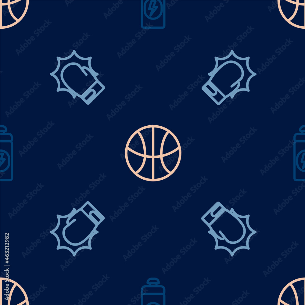 Set line Fitness shaker, Punch in boxing gloves and Basketball ball on seamless pattern. Vector Set line Fitness shaker, Punch in boxing gloves and Basketball ball on seamless pattern. Vector