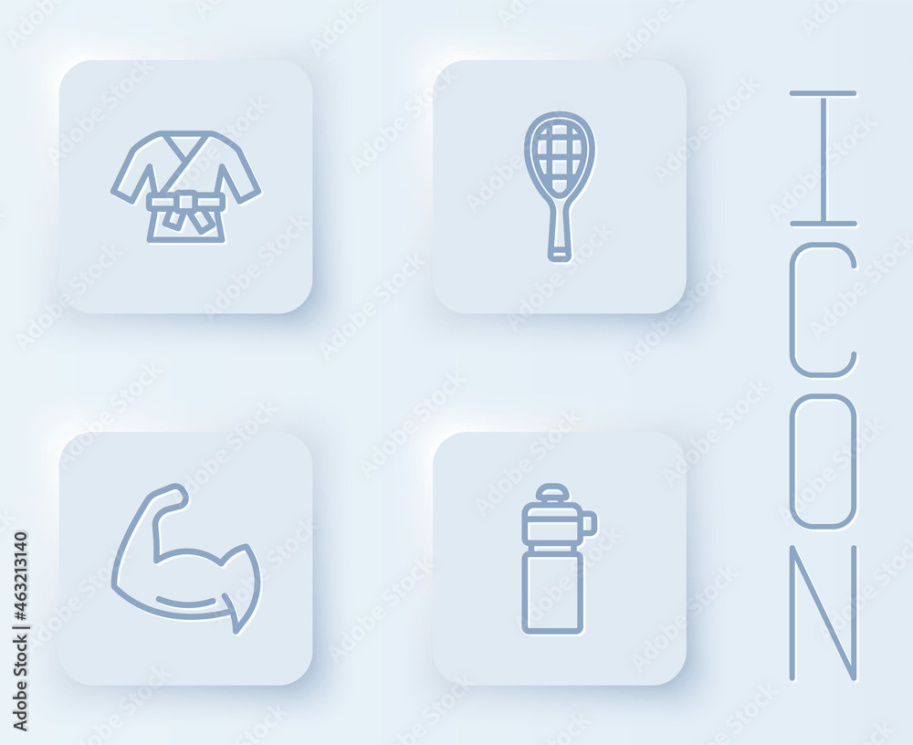 Set line Kimono, Tennis racket, Bodybuilder showing his muscles and Fitness shaker. White square button. Vector Set line Kimono, Tennis racket, Bodybuilder showing his muscles and Fitness shaker. White square button. Vector