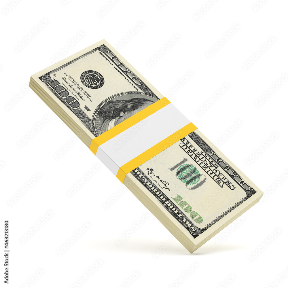 Hundred dollar bill stack isolated on white. 3D rendering. Hundred dollar bill stack isolated on white. 3D rendering.