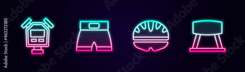 Set line Stopwatch, Boxing short, Bicycle helmet and Pommel horse. Glowing neon icon. Vector