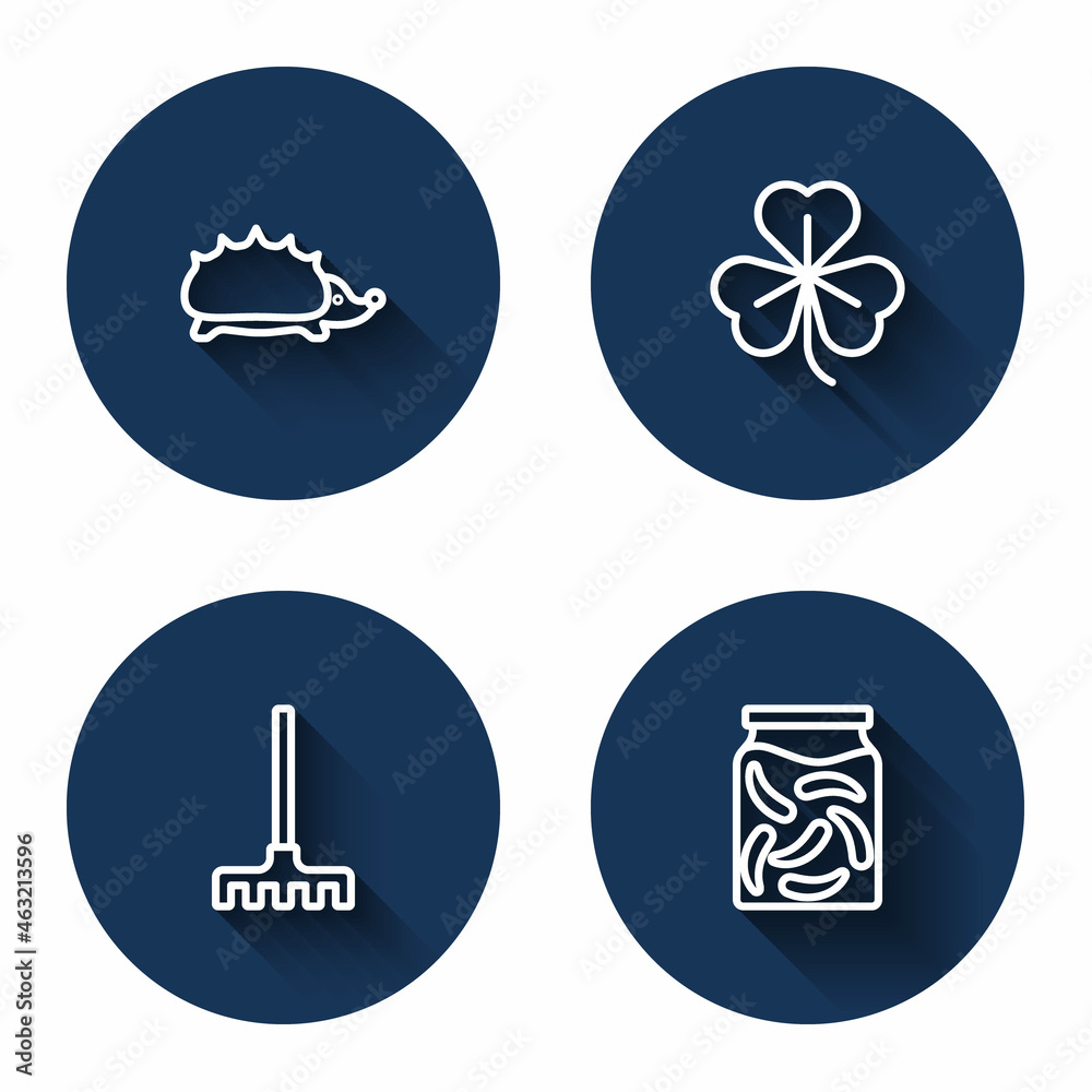 Set line Hedgehog, Clover, Garden rake and Pickled cucumbers in jar with long shadow. Blue circle button. Vector