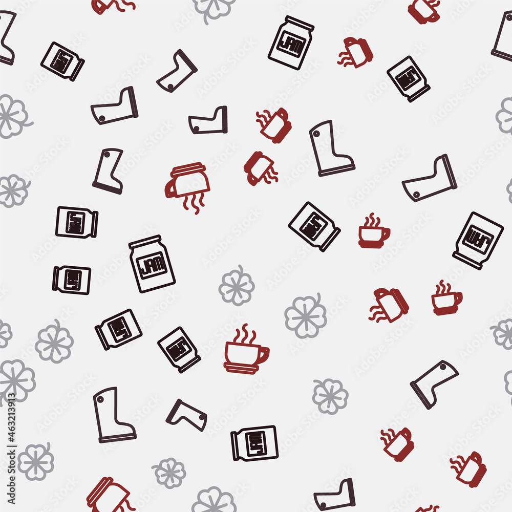 Fototapeta premium Set line Jam jar, Waterproof rubber boot, Four leaf clover and Coffee cup on seamless pattern. Vector