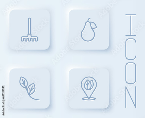 Set line Garden rake, Pear, Leaf and Location with leaf. White square button. Vector