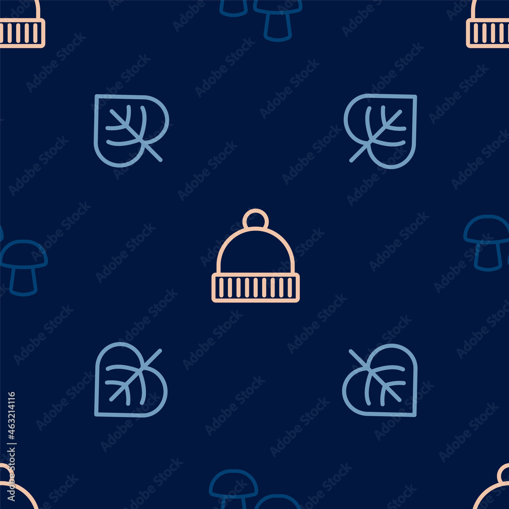 Set line Mushroom, Leaf and Winter hat on seamless pattern. Vector