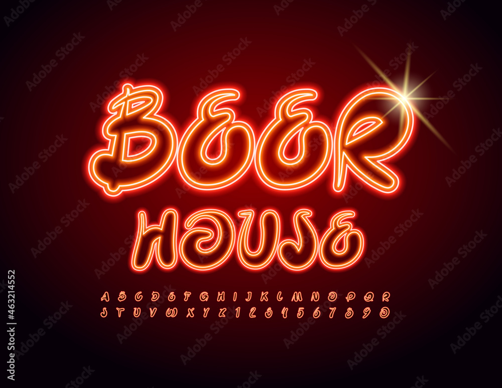 Vector Neon Sign Beer House. Handwritten Glowing Font. Electric bright Alphabet Letters and Numbers