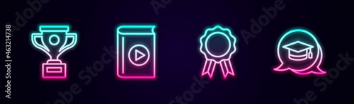 Set line Award cup, Audio book, Online education with diploma and Graduation cap speech bubble. Glowing neon icon. Vector