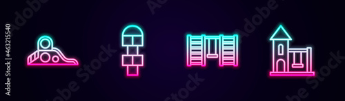 Set line Slide playground, Hopscotch, Swedish wall and Swing for kids. Glowing neon icon. Vector