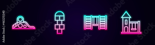 Set line Slide playground  Hopscotch  Swedish wall and Swing for kids. Glowing neon icon. Vector