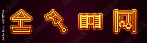 Set line Sandbox with sand, Toy horse, Swedish wall and Gymnastic rings. Glowing neon icon. Vector